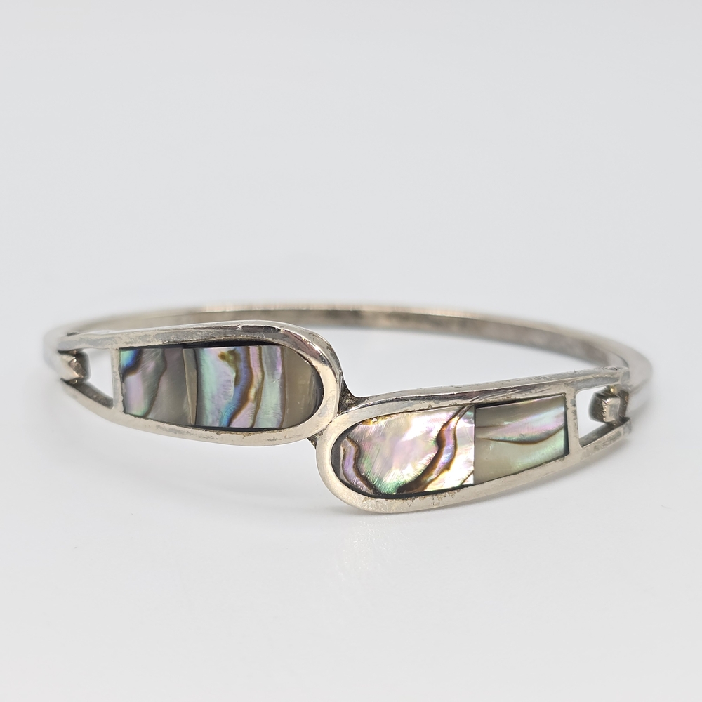 Taxco Mexico Abalone Inlay Hinged Bangle Bracelet Silver Tone, 6-1/2" - Picture 3 of 10
